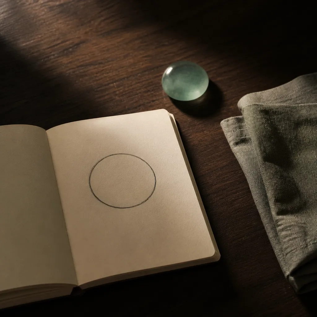 Notebook and seafoam glass pebble arranged on a dark wooden table